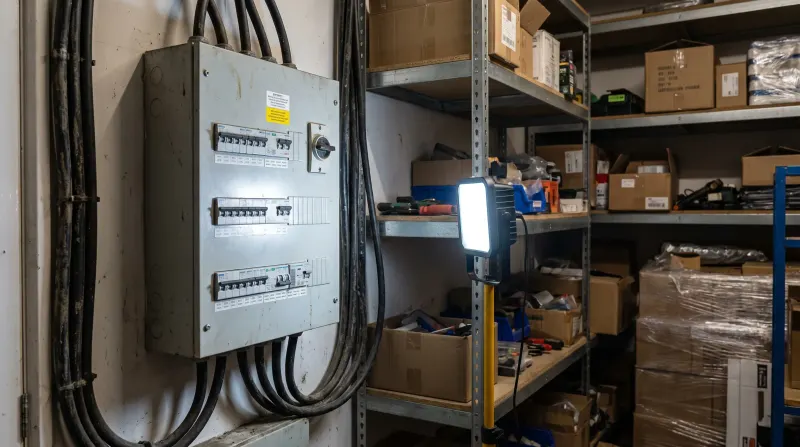 A three-phase distribution board in the back of a shop unit, examined on an emergency call-out in Wood Green