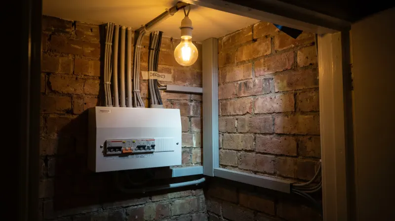 A consumer unit in a utility cupboard in a warehouse conversion, examined on an emergency call-out in Woolwich