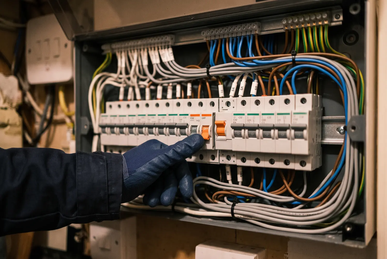 A gloved hand switching a circuit breaker off inside a consumer unit