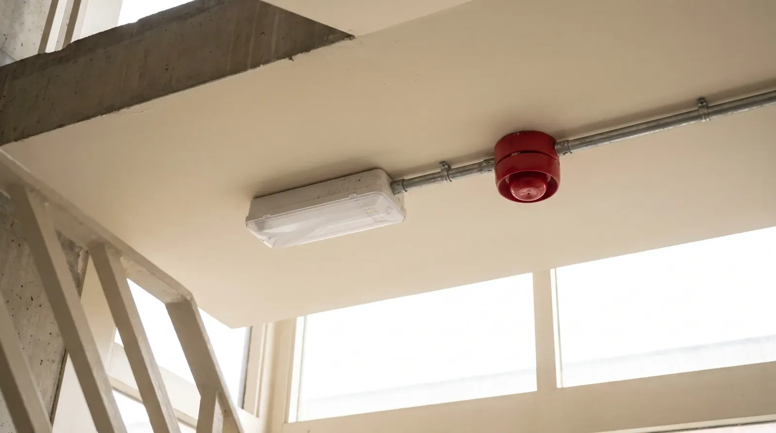 An emergency light and fire alarm sounder in a commercial stairwell — emergency lighting in Grays