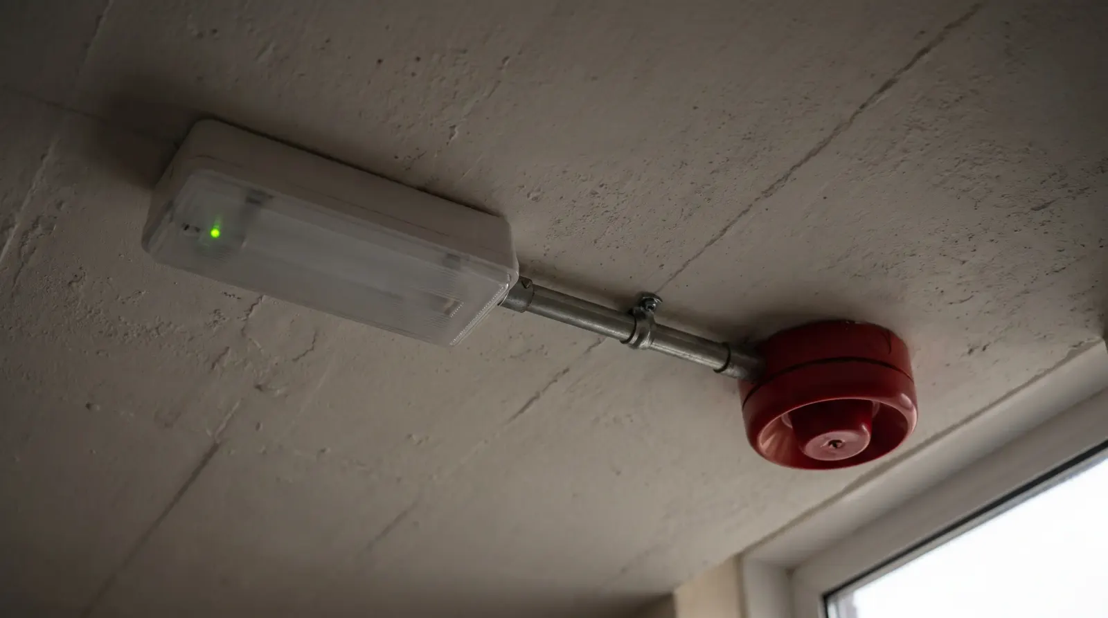 An emergency light and fire alarm sounder in a commercial stairwell — emergency lighting in Whitechapel