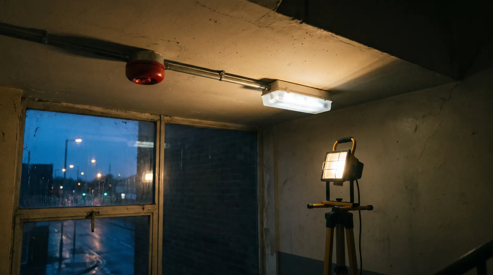 An emergency light and fire alarm sounder in a commercial stairwell — the kind of emergency lighting an electrician in Woodford is called out for