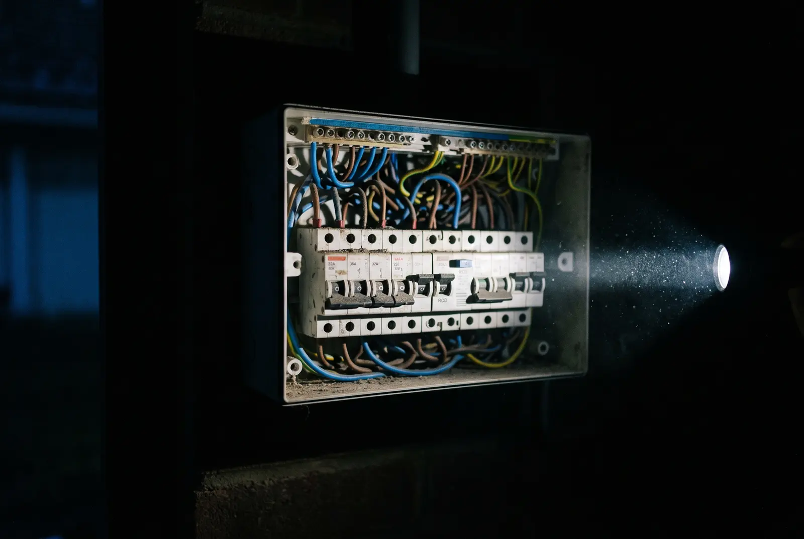 An open consumer unit at night lit by a torch beam