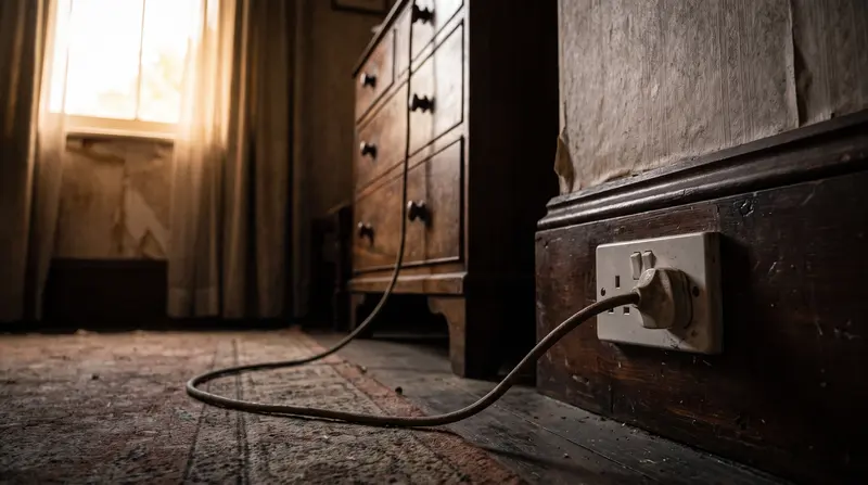 A single socket on a bedroom skirting with an extension lead trailing from it — extra sockets in Harold Wood