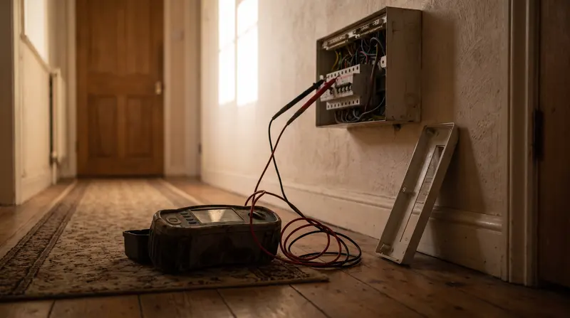 A tester on a bungalow floor with leads running to the consumer unit above — fault finding in Benfleet