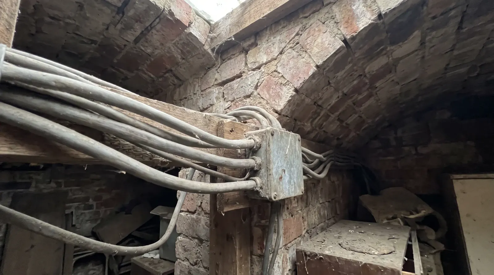 A junction box in the cellar ceiling of a terraced house — the kind of fault finding an electrician in Blackheath is called out for