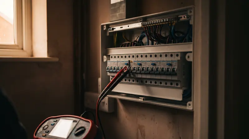 A modern consumer unit of RCBOs with a tester lead on one breaker — fault finding in Canning Town