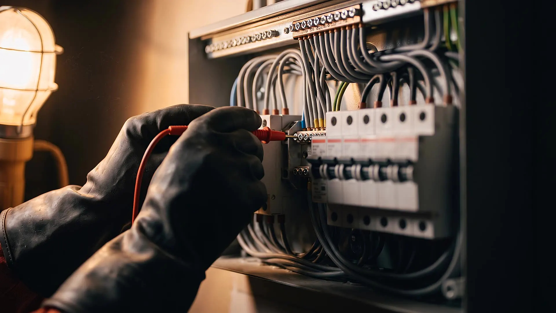 A gloved hand holding a test probe against a terminal inside a consumer unit