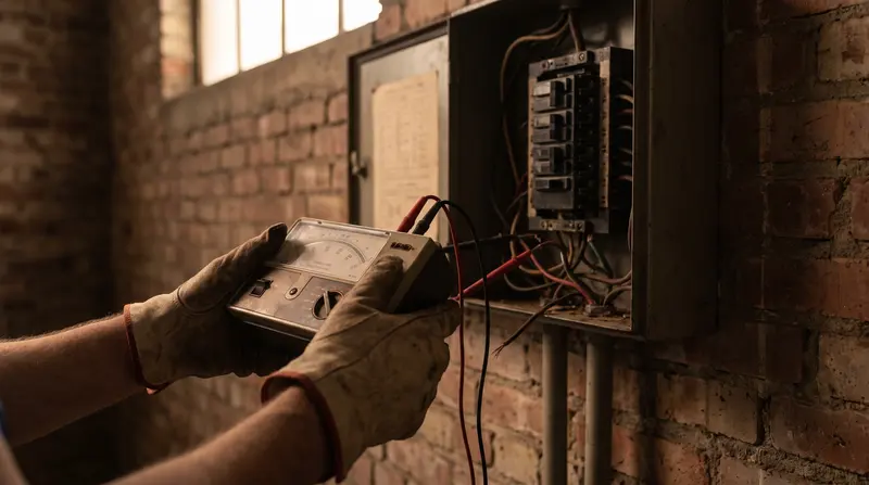An insulation resistance tester in use at an opened distribution board — fault finding in Woolwich