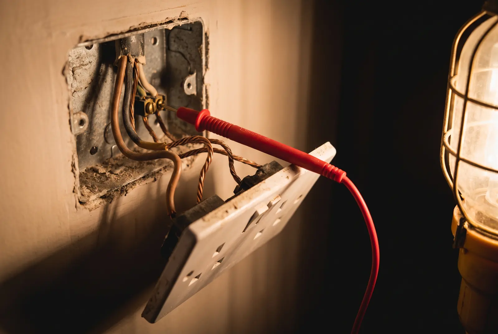 A socket faceplate pulled from the wall with a test probe on one terminal