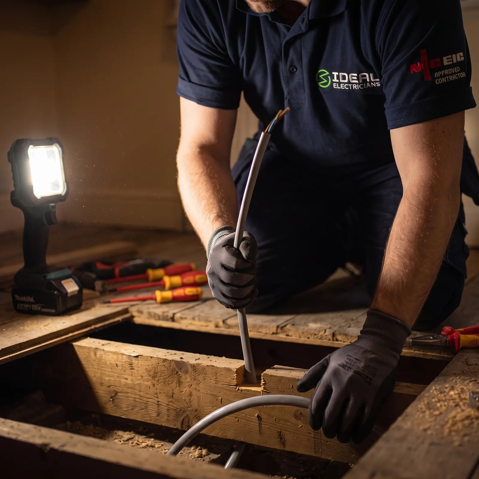 An Ideal Electricians engineer drawing a cable up through lifted floorboards