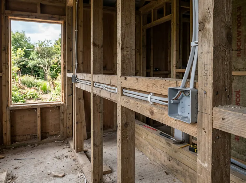 First fix cabling run through timber studwork on a rewire