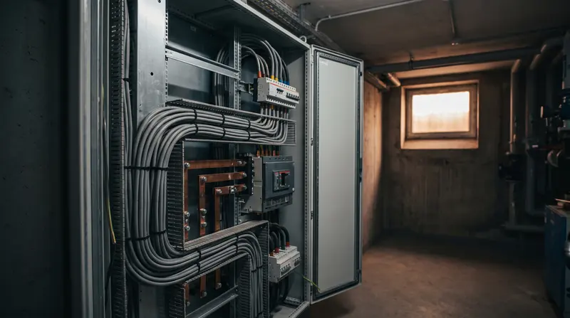 A three-phase distribution board in a modern plant room — fixed wire testing in Canning Town