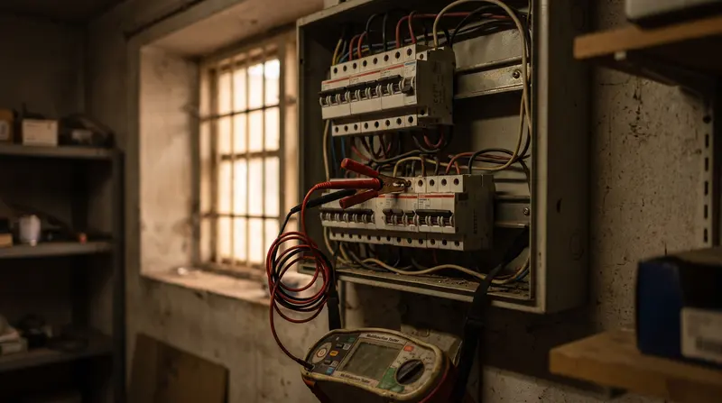 A three-phase board in a shop back room with a tester lead attached — fixed wire testing in Romford