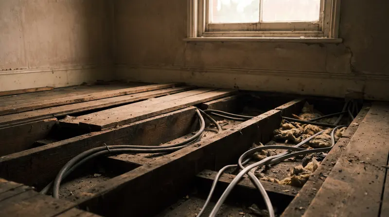 Lifted floorboards showing old rubber-sheathed cable between the joists — full and partial rewires in Harold Wood