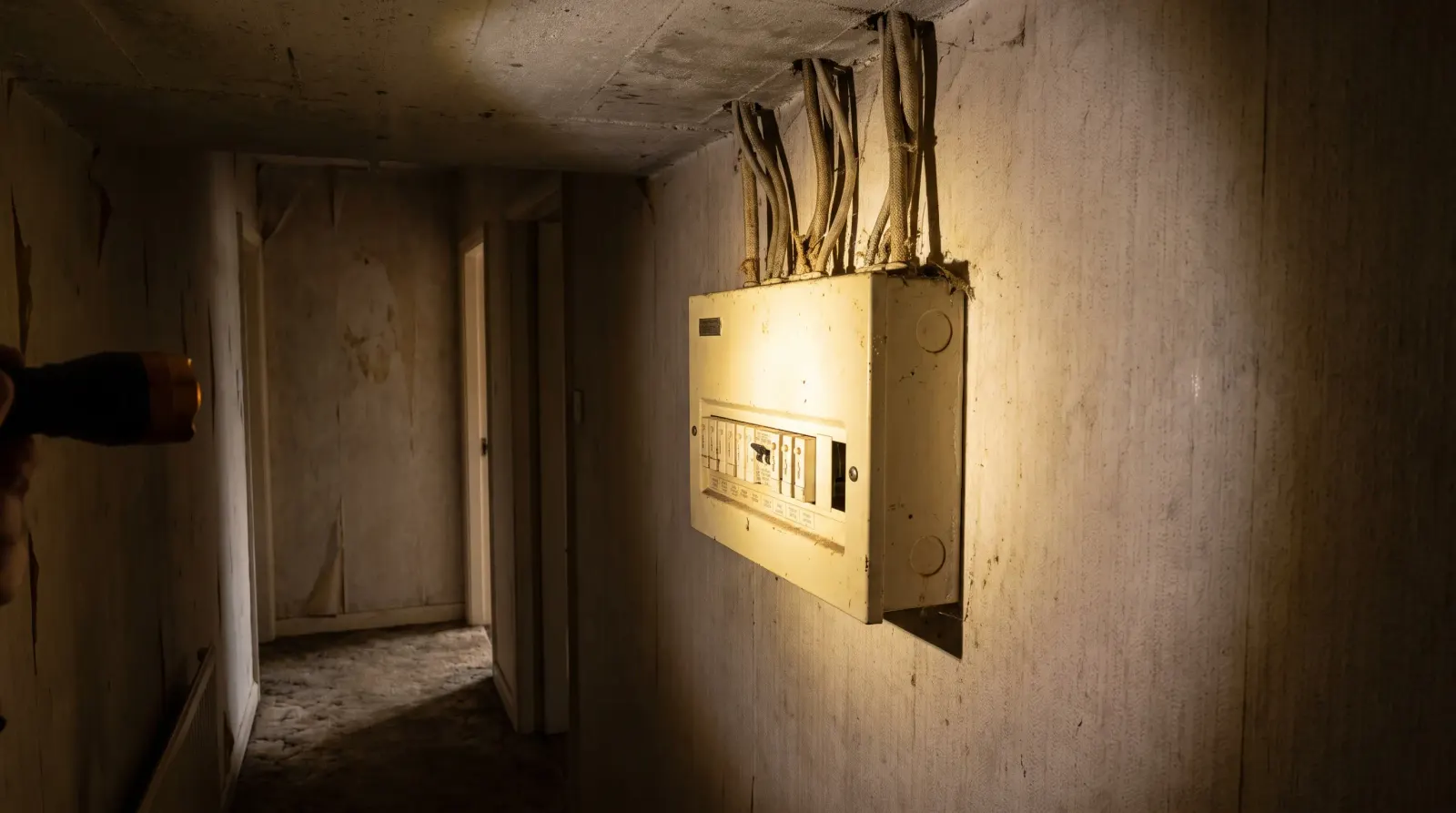 A consumer unit in the hallway of a postwar house — the kind of fuse board upgrade an electrician in Basildon is called out for