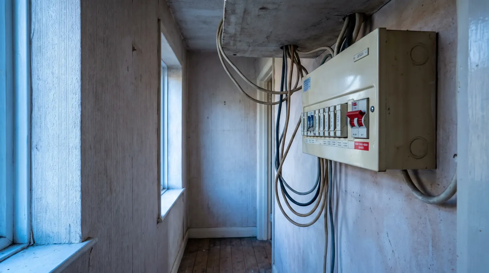 A consumer unit in the hallway of a postwar house — fuse board upgrade in Thamesmead