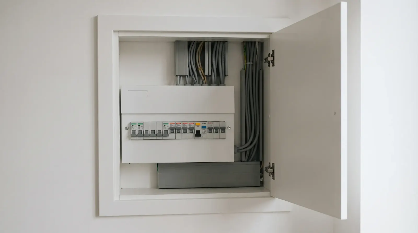 A consumer unit fitted with RCBOs in a new flat — the kind of fuse board upgrade an electrician in Canary Wharf is called out for
