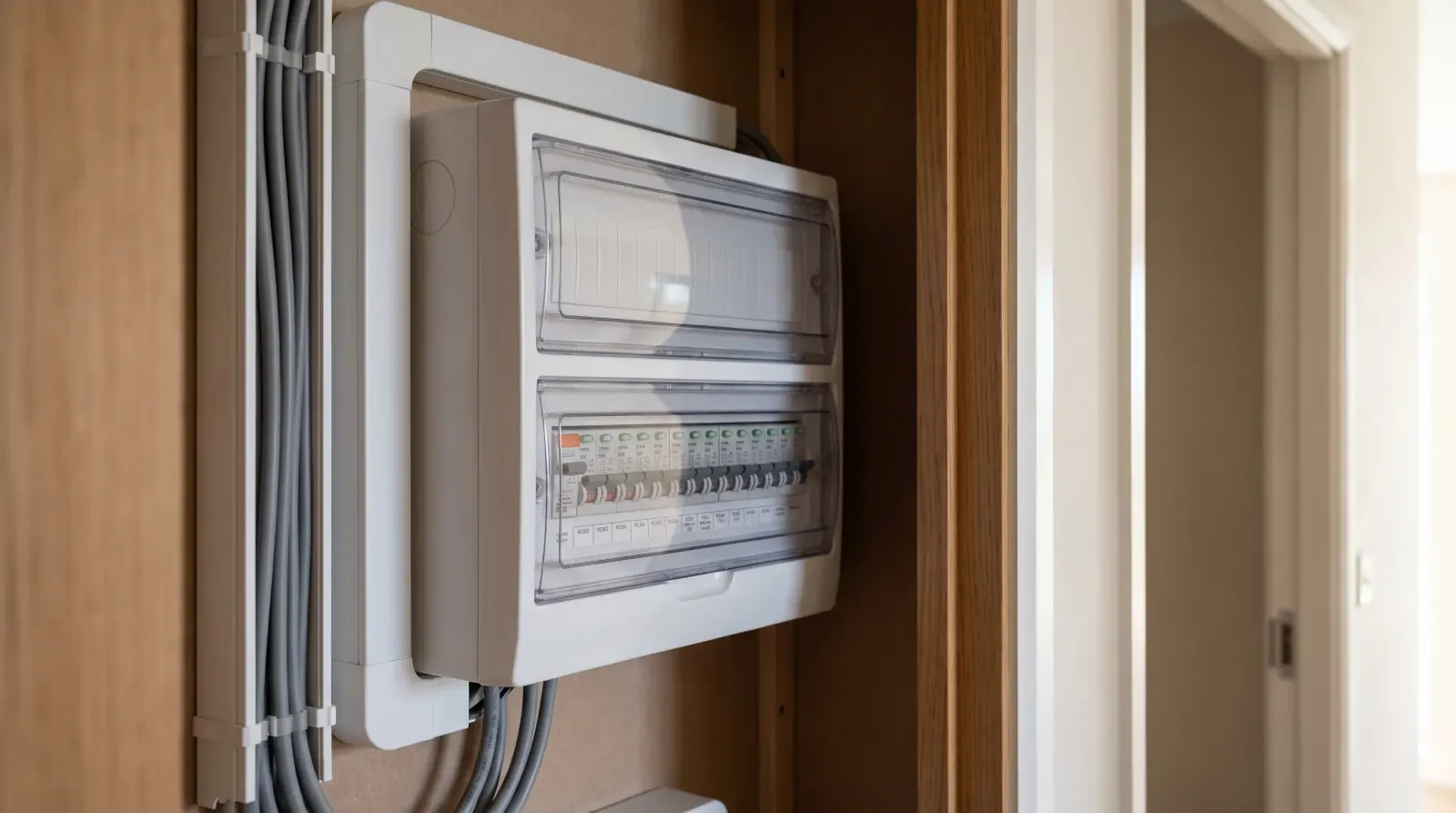 A consumer unit fitted with RCBOs in a new flat — the kind of fuse board upgrade an electrician in Stratford is called out for