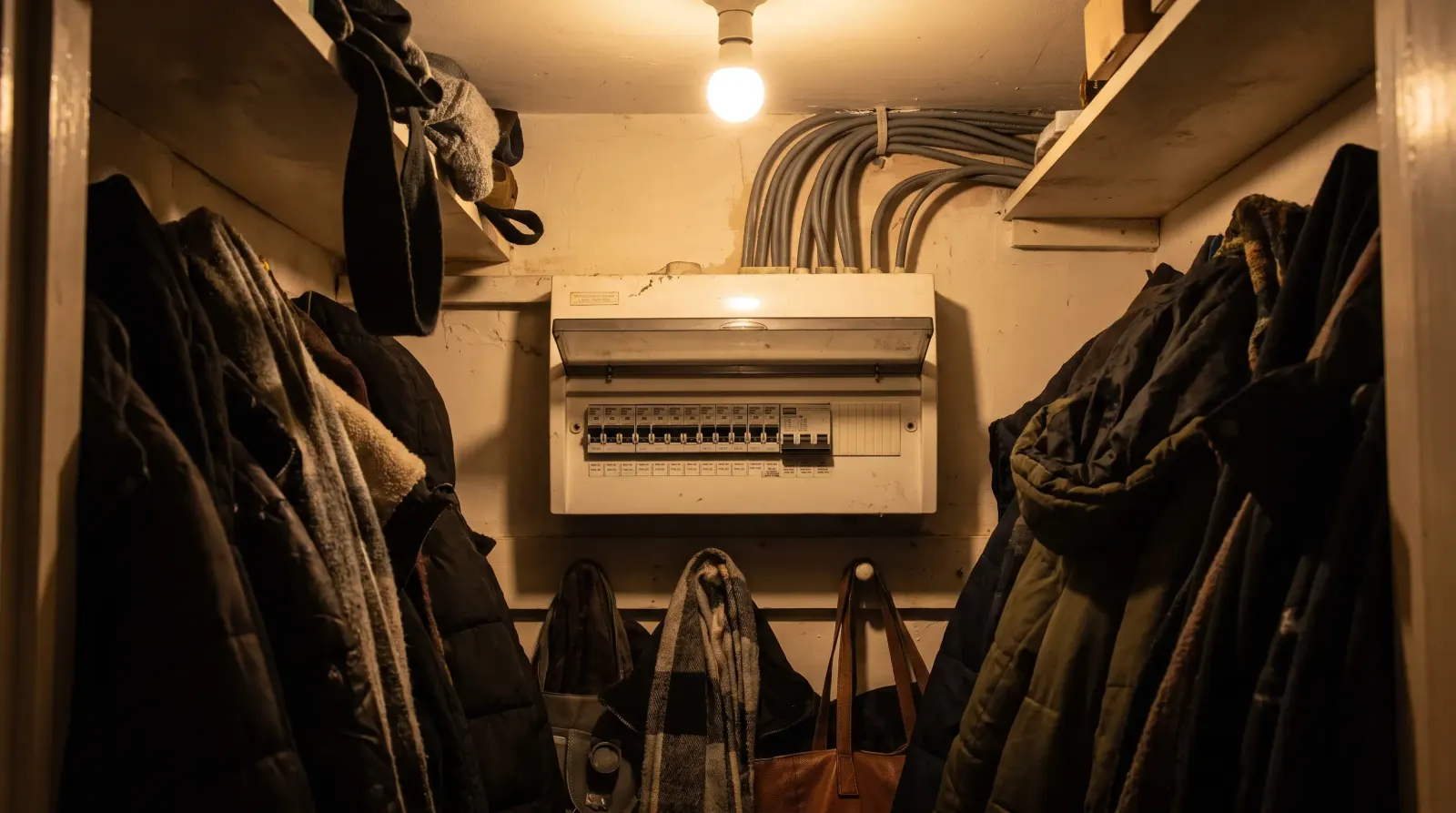 A consumer unit in the under-stairs cupboard of a 1930s semi — the kind of fuse board upgrade an electrician in Bexleyheath is called out for