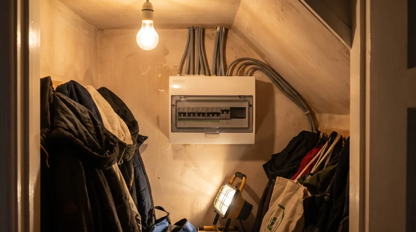 A consumer unit in the under-stairs cupboard of a 1930s semi — fuse board upgrade in Elm Park