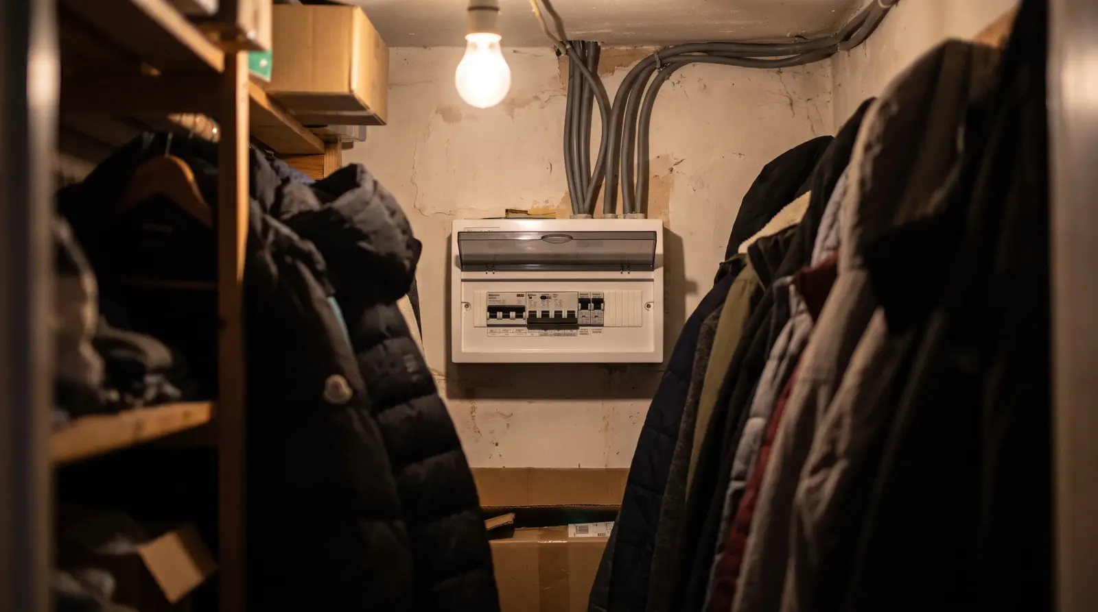 A consumer unit in the under-stairs cupboard of a 1930s semi — the kind of fuse board upgrade an electrician in Eltham is called out for