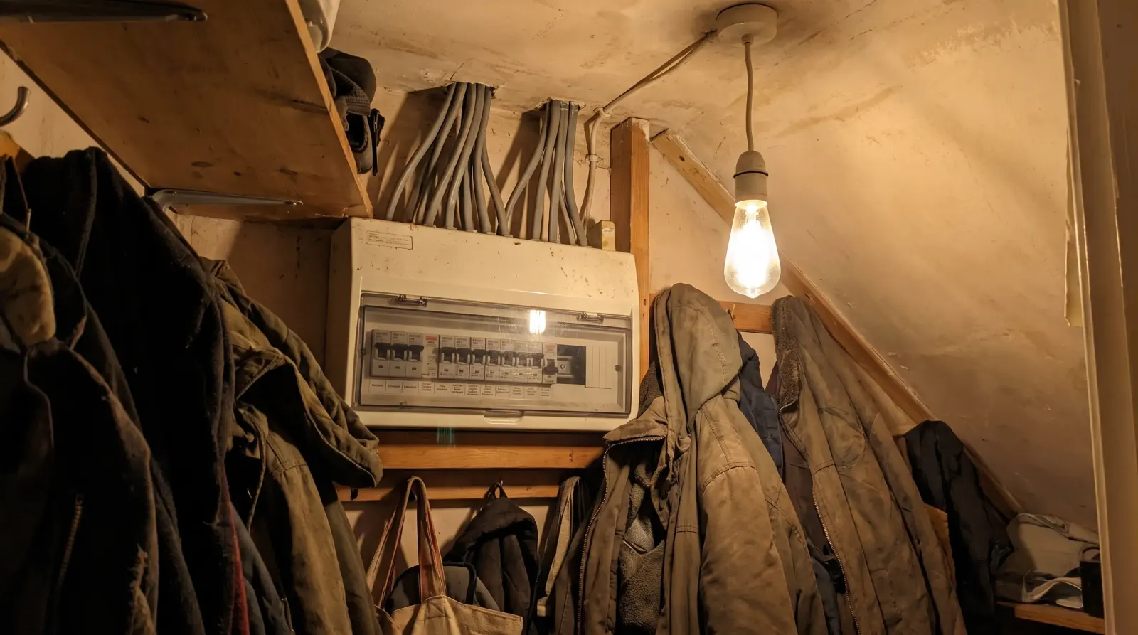 A consumer unit in the under-stairs cupboard of a 1930s semi — the kind of fuse board upgrade an electrician in Hither Green is called out for