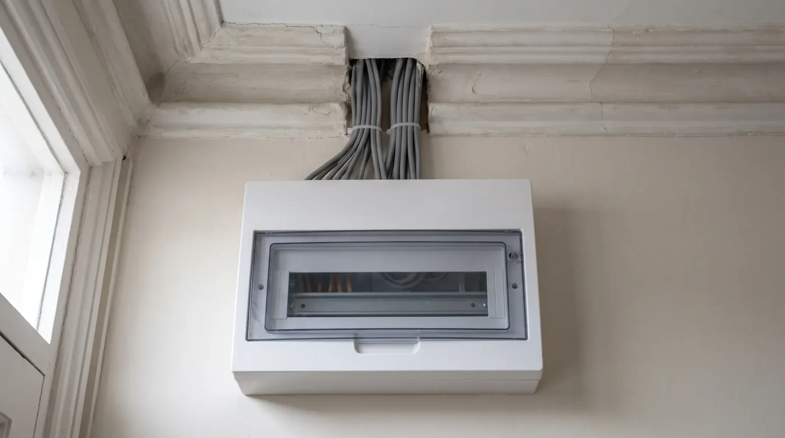 A modern consumer unit fitted in a Victorian hallway — the kind of fuse board upgrade an electrician in Leyton is called out for