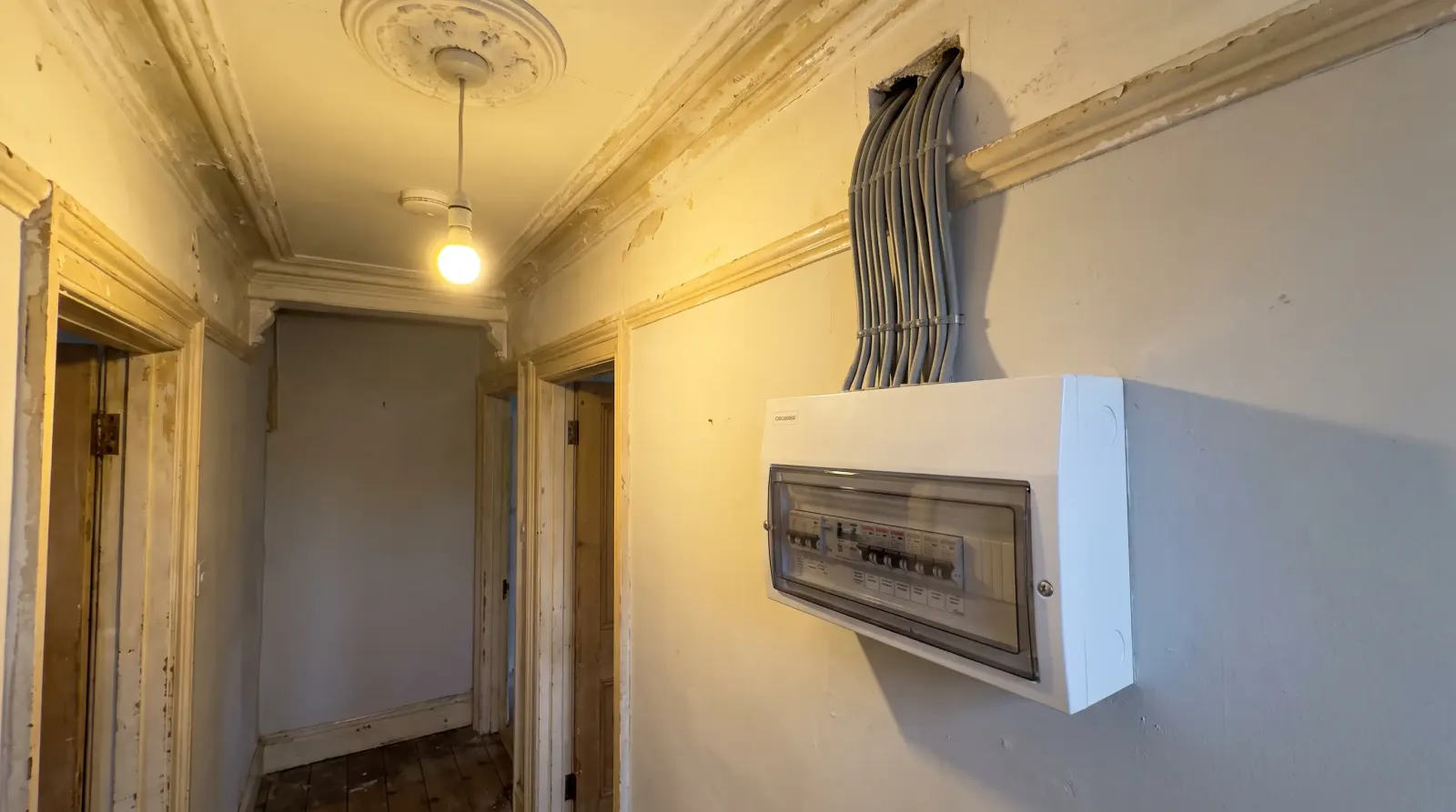 A modern consumer unit fitted in a Victorian hallway — the kind of fuse board upgrade an electrician in Walthamstow is called out for