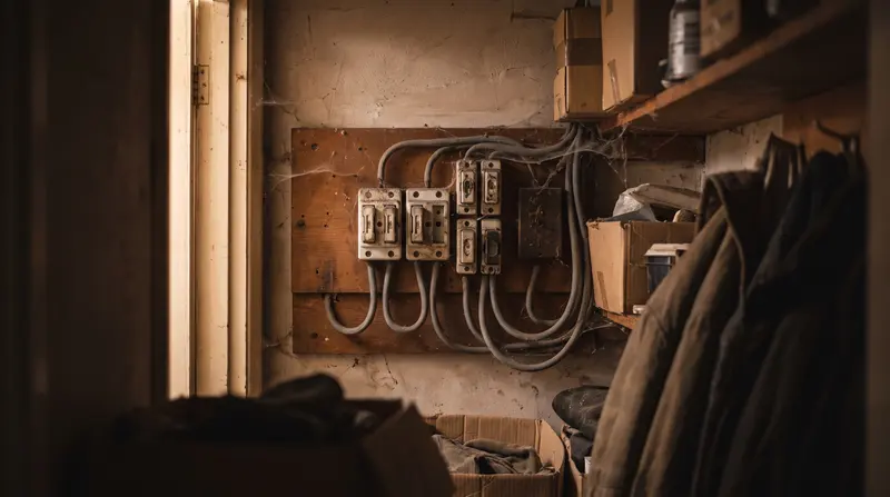An old rewireable fuse box on a wooden board in an under-stairs cupboard — fuse board upgrades in Harold Wood