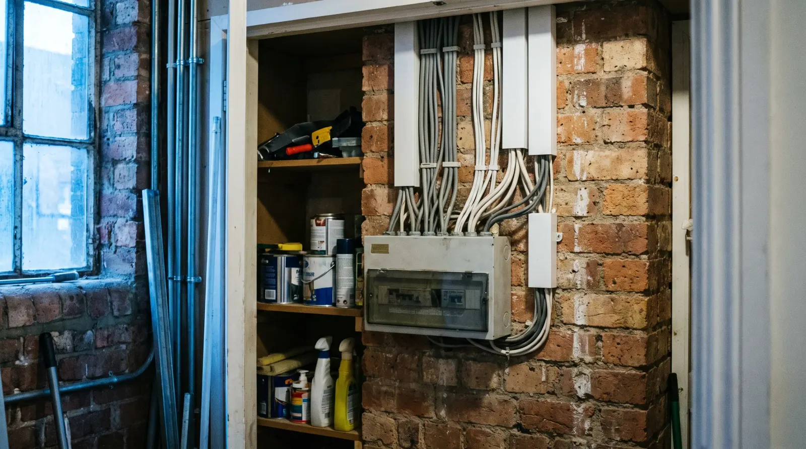 A consumer unit in a utility cupboard in a warehouse conversion — fuse board upgrade in Limehouse