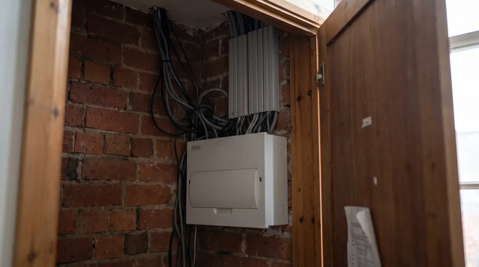 A consumer unit in a utility cupboard in a warehouse conversion — fuse board upgrade in Wapping
