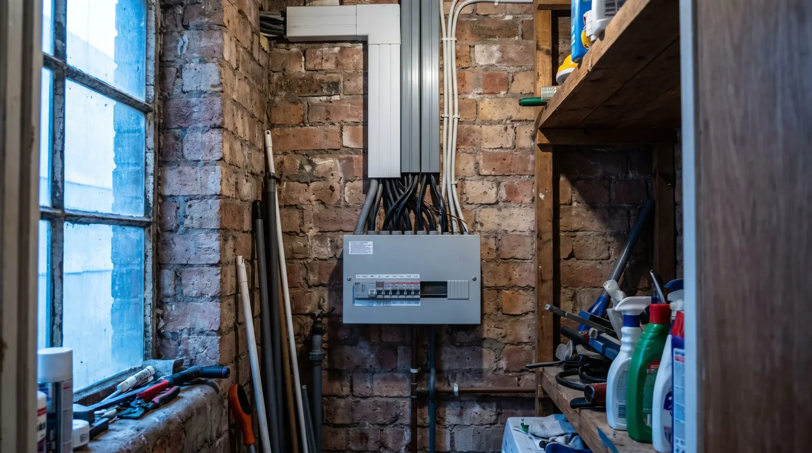 A consumer unit in a utility cupboard in a warehouse conversion — the kind of fuse board upgrade an electrician in Woolwich is called out for