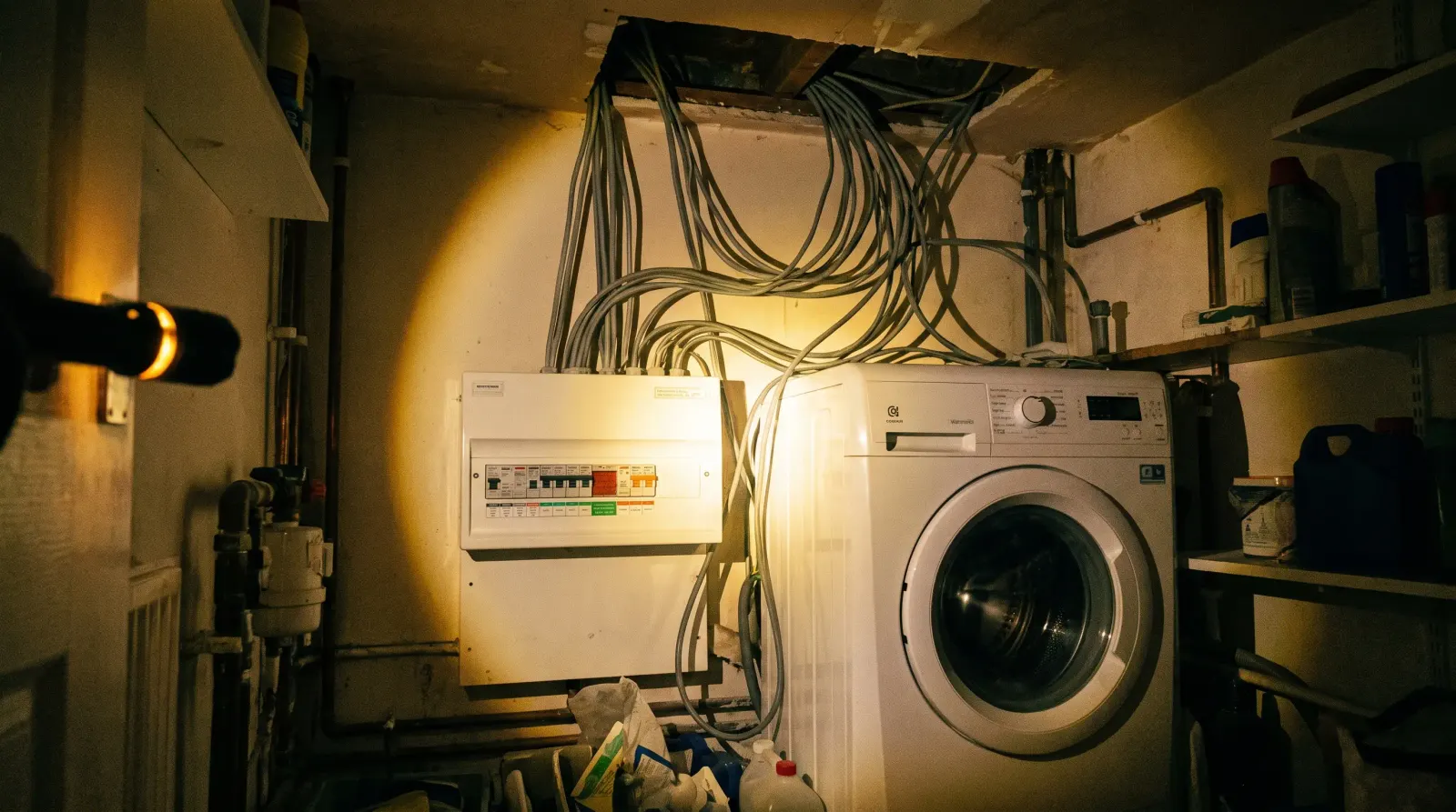 A consumer unit in the utility room of a detached house — the kind of fuse board upgrade an electrician in Barnet is called out for
