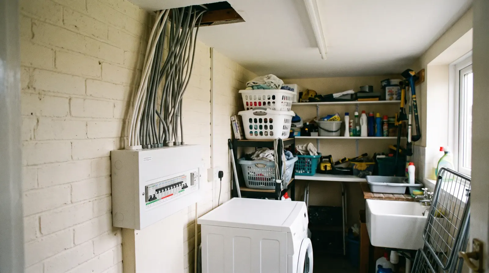 A consumer unit in the utility room of a detached house — the kind of fuse board upgrade an electrician in Loughton is called out for