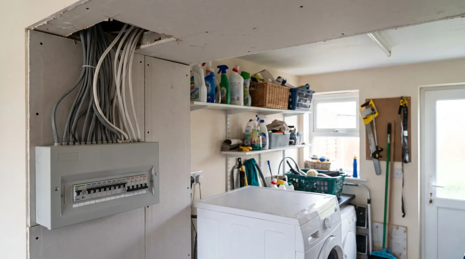A consumer unit in the utility room of a detached house — the kind of fuse board upgrade an electrician in Orpington is called out for