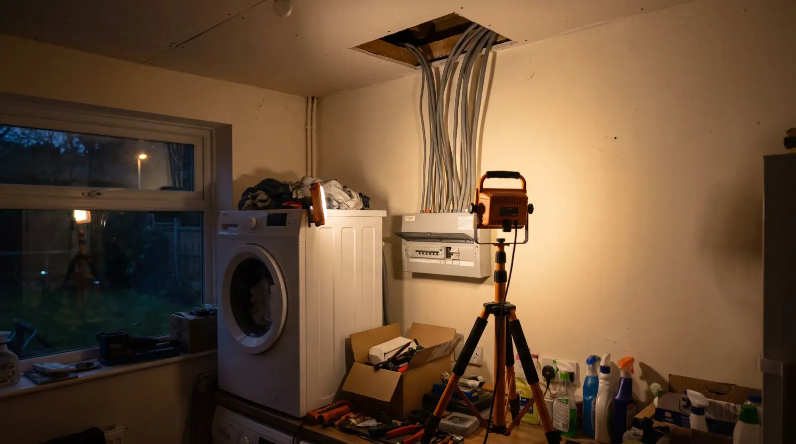 A consumer unit in the utility room of a detached house — the kind of fuse board upgrade an electrician in Waltham Abbey is called out for