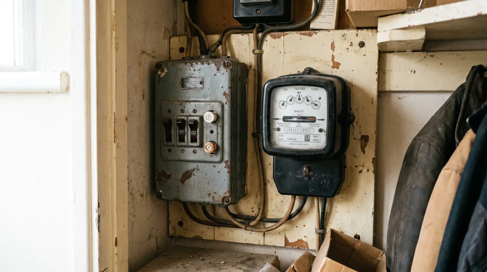 An original mid-century fuse box and meter in a hallway cupboard — fuse board upgrade in Basildon