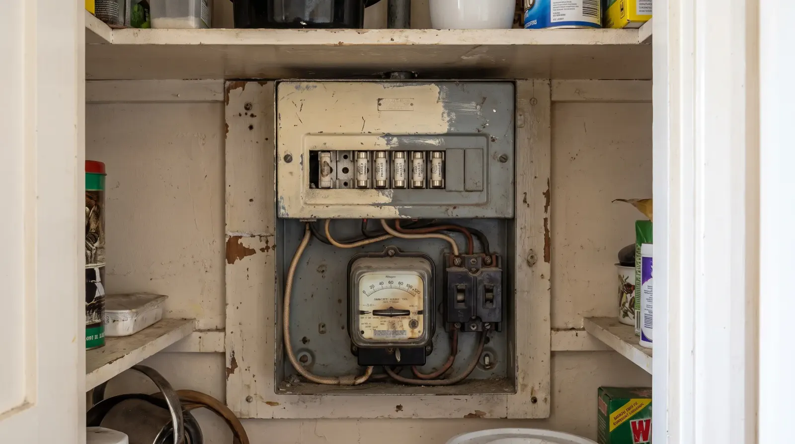 An original mid-century fuse box and meter in a hallway cupboard — the kind of fuse board upgrade an electrician in Harlow is called out for
