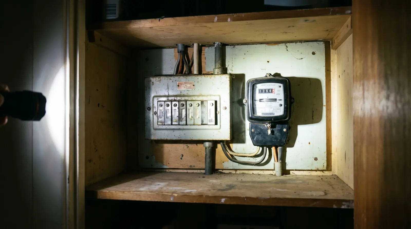 An original mid-century fuse box and meter in a hallway cupboard — the kind of fuse board upgrade an electrician in Pitsea is called out for