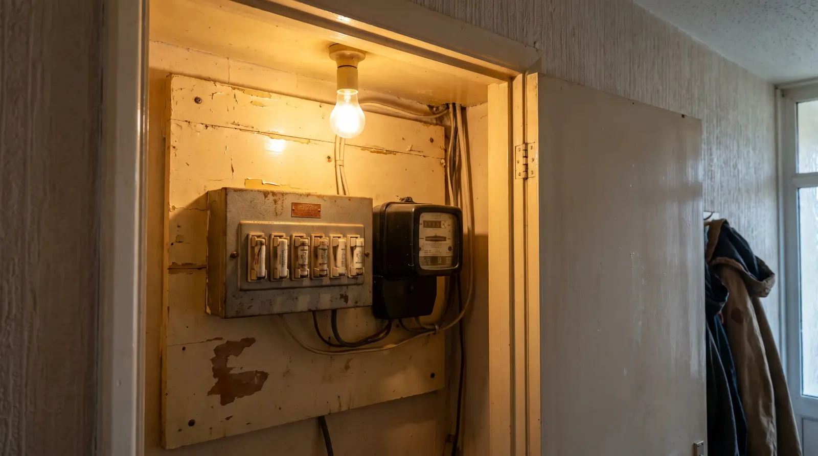 An original mid-century fuse box and meter in a hallway cupboard — the kind of fuse board upgrade an electrician in Thamesmead is called out for