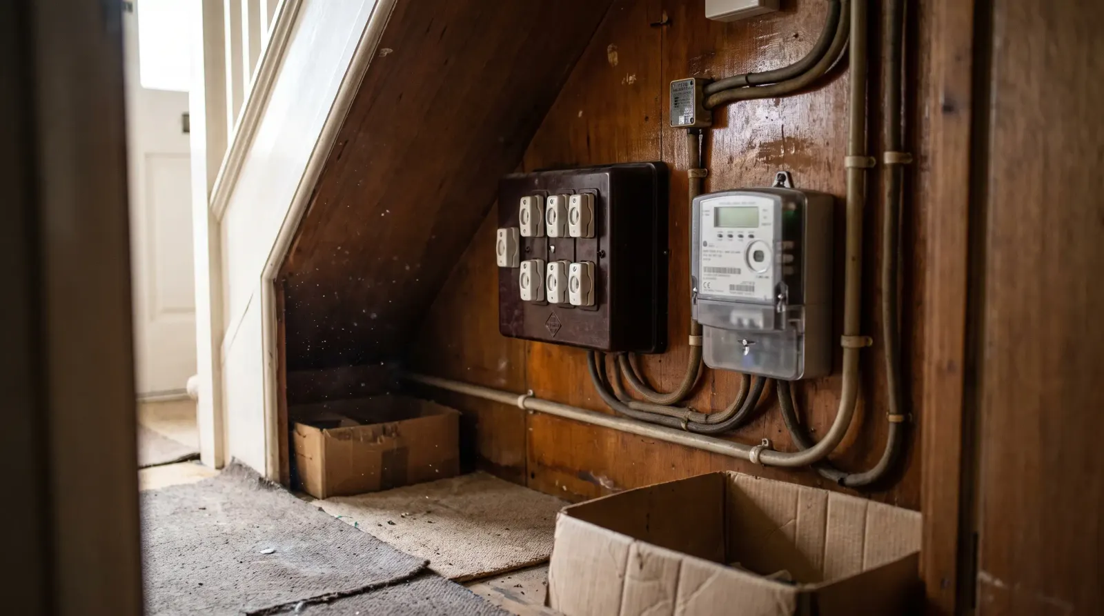 An original rewireable fuse box beside a newer meter — fuse board upgrade in Collier Row