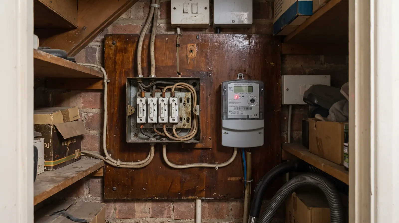 An original rewireable fuse box beside a newer meter — the kind of fuse board upgrade an electrician in Dagenham is called out for