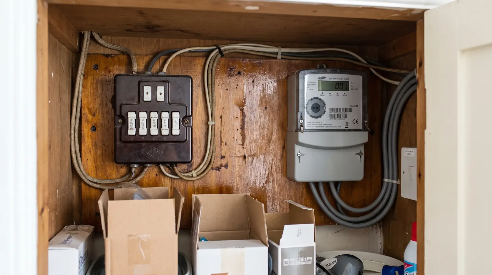 An original rewireable fuse box beside a newer meter — the kind of fuse board upgrade an electrician in Enfield is called out for