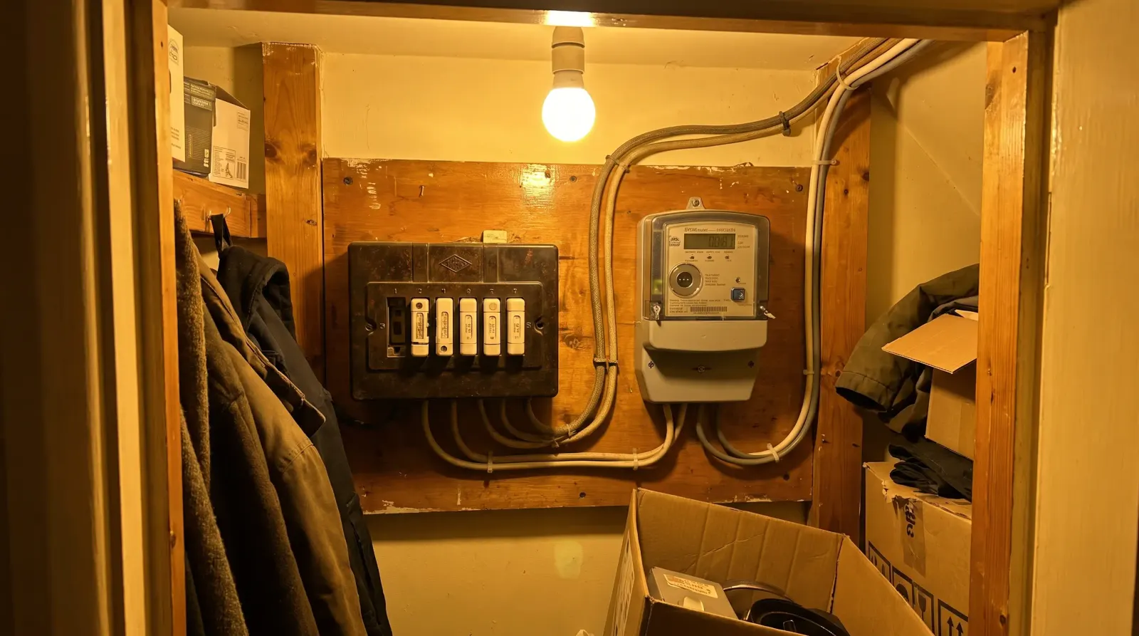 An original rewireable fuse box beside a newer meter — the kind of fuse board upgrade an electrician in Gants Hill is called out for