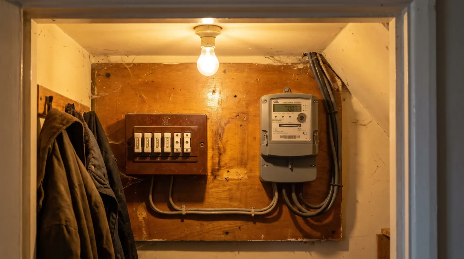 An original rewireable fuse box beside a newer meter — fuse board upgrade in Hornchurch