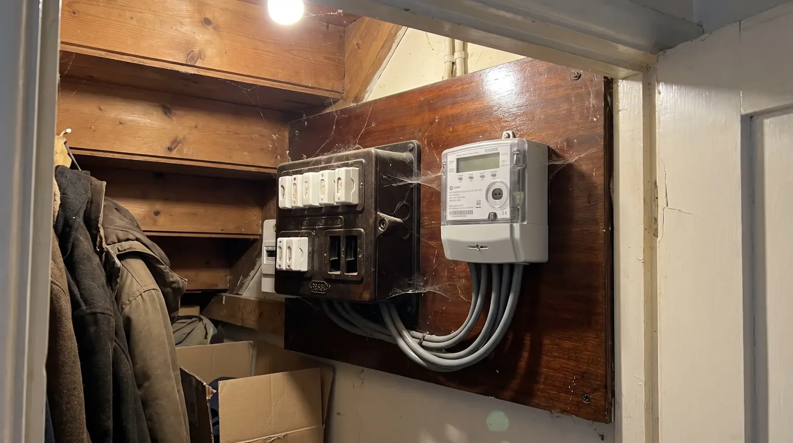 An original rewireable fuse box beside a newer meter — the kind of fuse board upgrade an electrician in Mottingham is called out for
