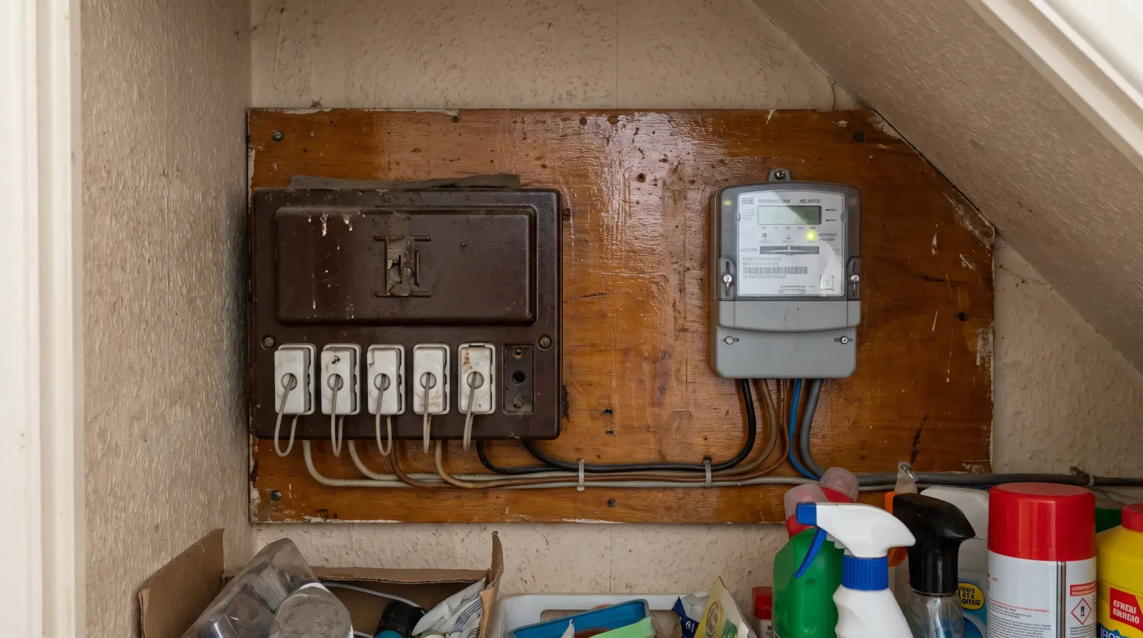 An original rewireable fuse box beside a newer meter — fuse board upgrade in Sidcup