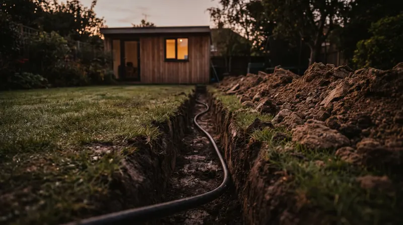 Armoured cable laid in a trench across a lawn towards a garden office — garden and outbuilding supplies in Ingatestone
