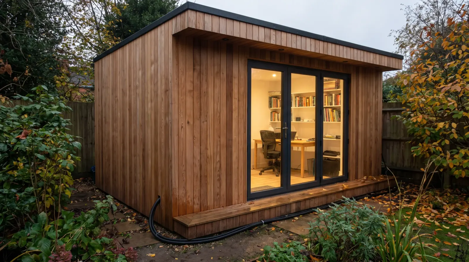 A garden office lit at dusk with armoured cable run to it — the kind of garden office power supply an electrician in Bexley is called out for